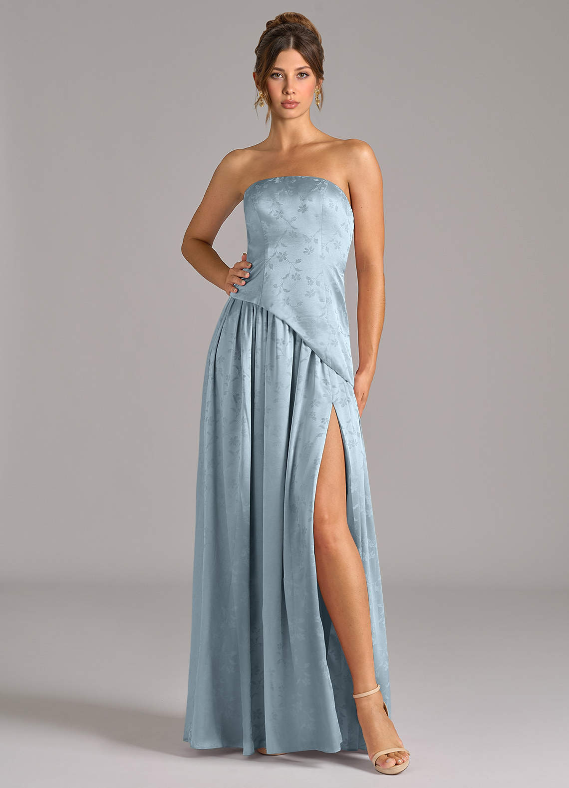 Azazie Adeline Bridesmaid Dresses Blue Floral Jacquard A-Line Strapless Floral Jacquard Dress image1