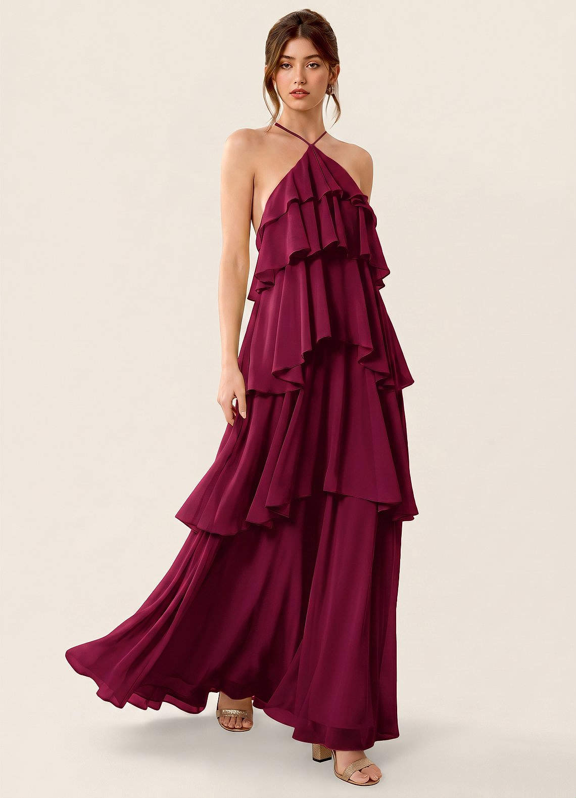 tiered burgundy dress Nevieve Halter Ruffled Chiffon Maxi Add custom Fit:No friendly dress keeps you Cinderella 👸🏾🩵, The perfect collection:ladies-riding-boots