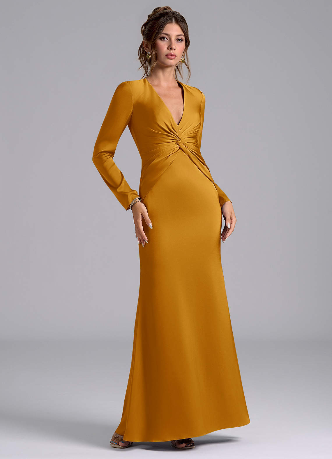 Azazie Valerie Bridesmaid Dresses Butterscotch Mermaid Long Sleeve Stretch Satin Dress image1