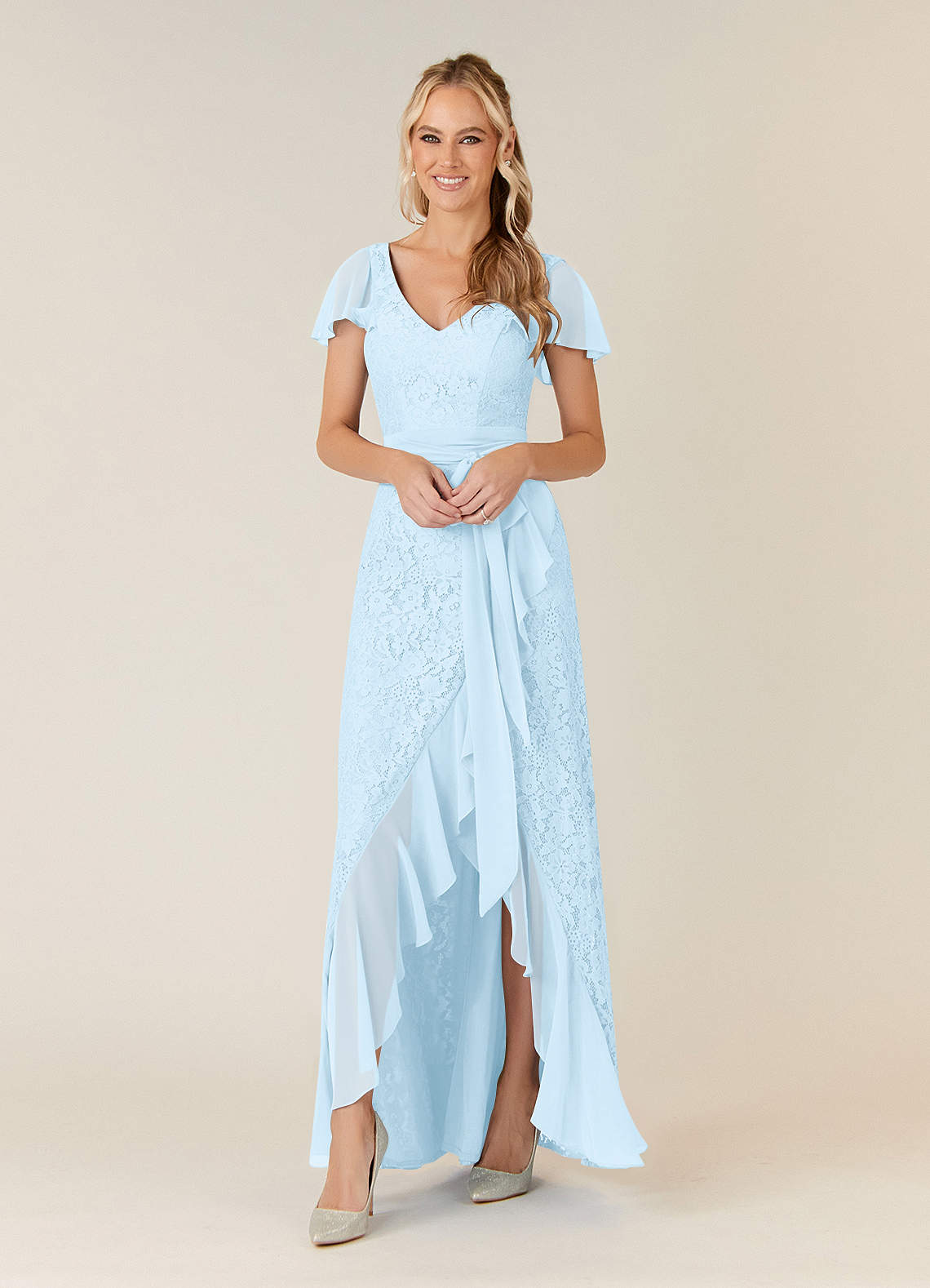 Azazie Knox Kleider für die Brautmutter A-Linie V-Hals Chiffon Kleid Himmelblau image1