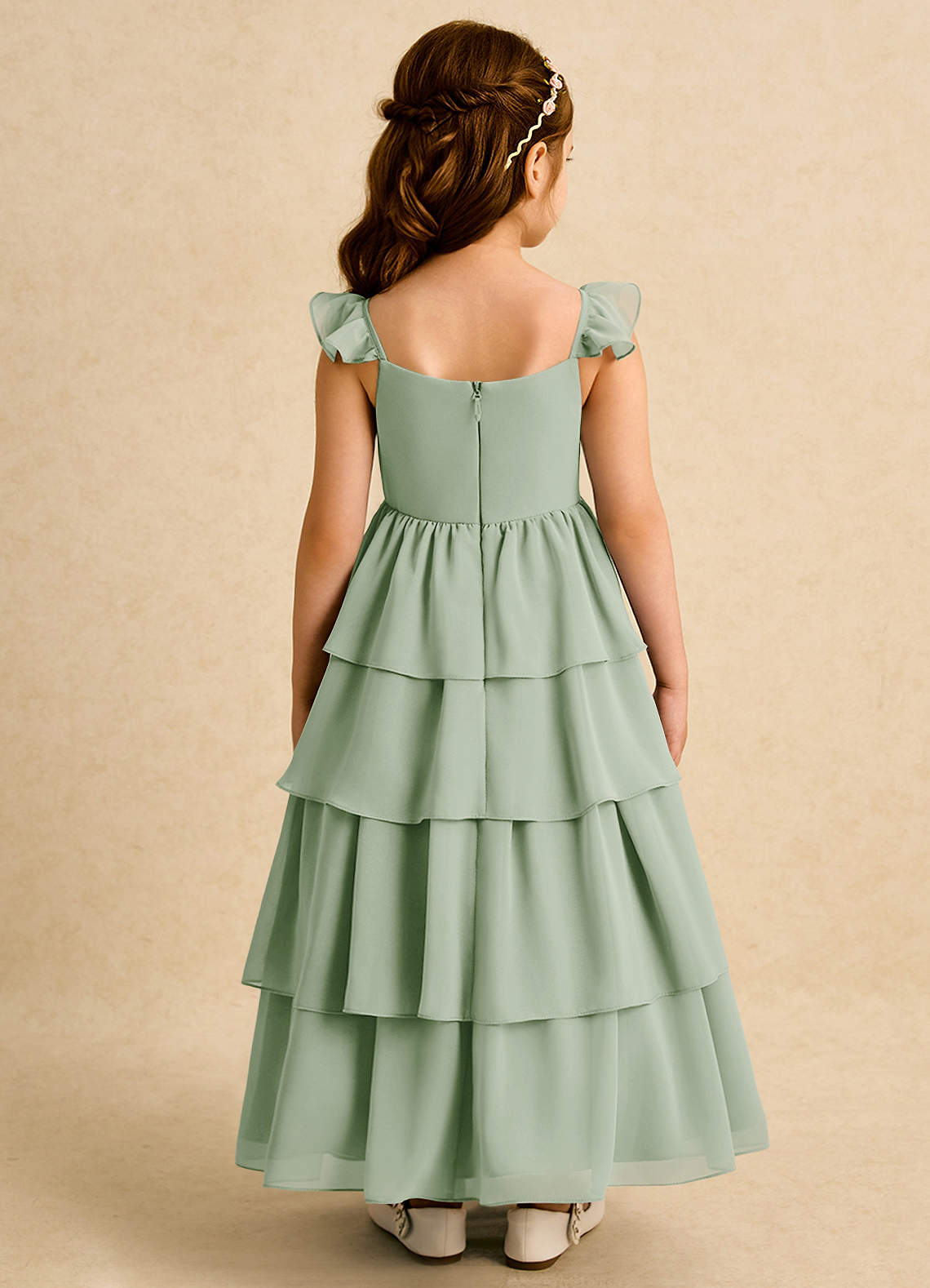Azazie Boba Flower Girl Dresses Dusty Sage A-Line Square Neckline Chiffon Dress image1