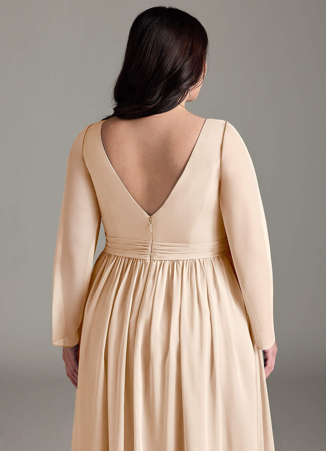 Azazie Teton At-home Try On Dresses A-Line Long Sleeve Chiffon Floor-Length Dress image12