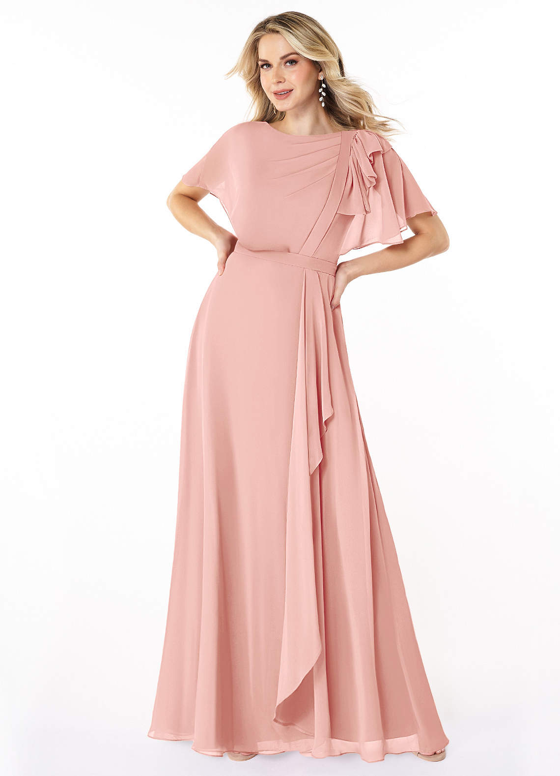 Azazie Aaliyah Modest Bridesmaid Dresses A-Line Scoop Pleated Chiffon Floor-Length Dress image1