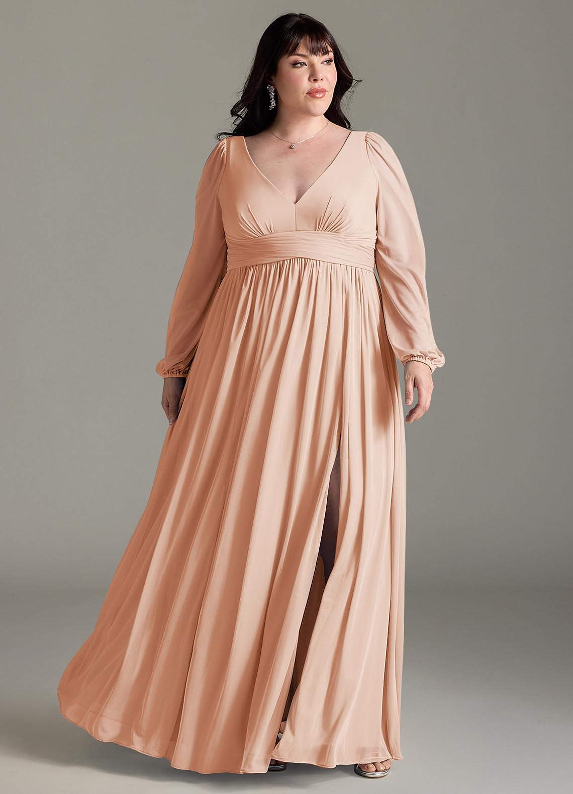 Azazie Norah Bridesmaid Dresses English Rose A-Line V-Neck Long Sleeve Chiffon Dress image5