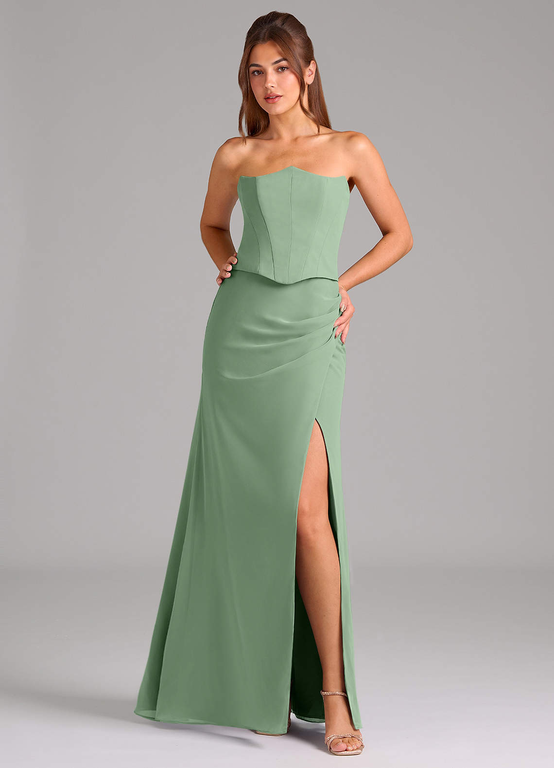 Azazie Jenine Vestidos de damas de honor Vestido de Matcha de Gasa de Corte Sirena con Sin tirantes image1