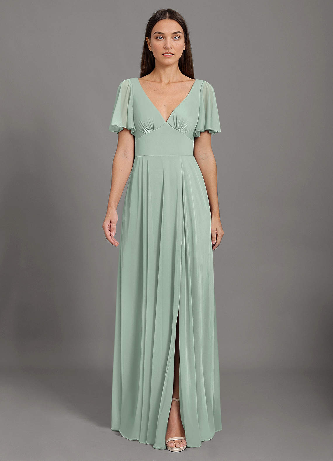 Azazie Kimber Bridesmaid Dresses Agave A-Line with Pockets Mesh Dress image1