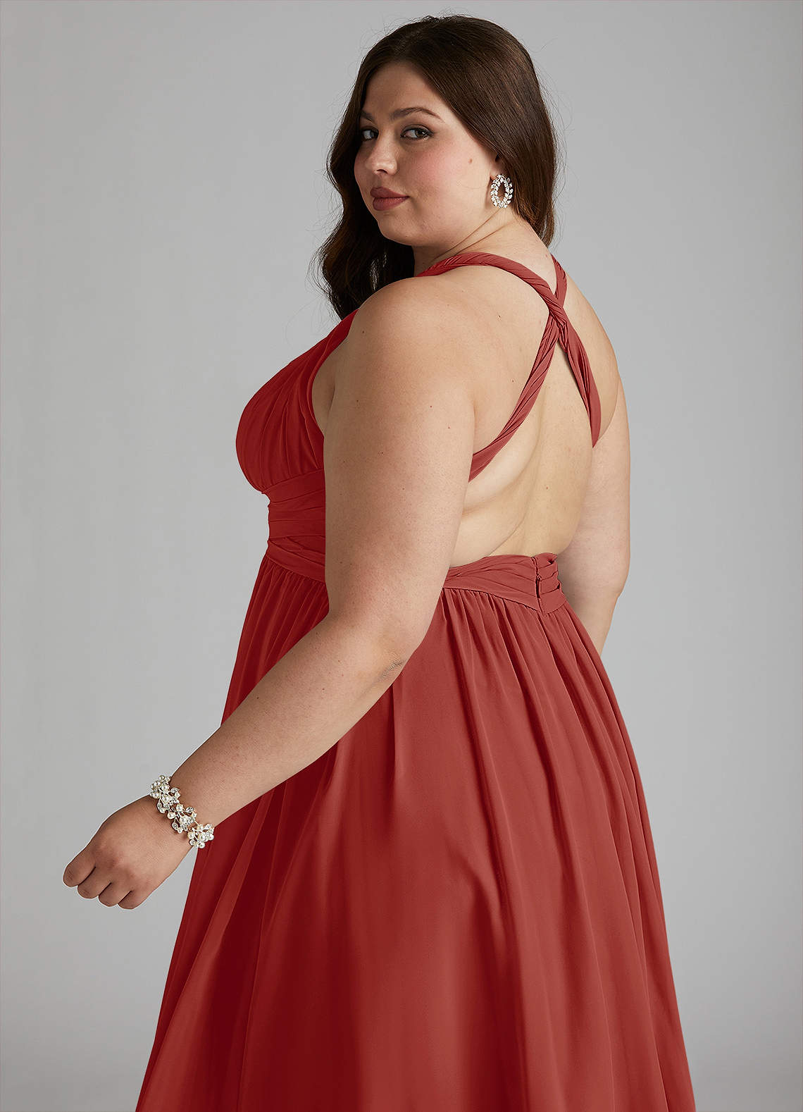 terracotta formal dress plus size Terracotta Plus Size Chiffon Bridesmaid Dress BABARONI Halter Neck Maxi Flowy Skirt Gown