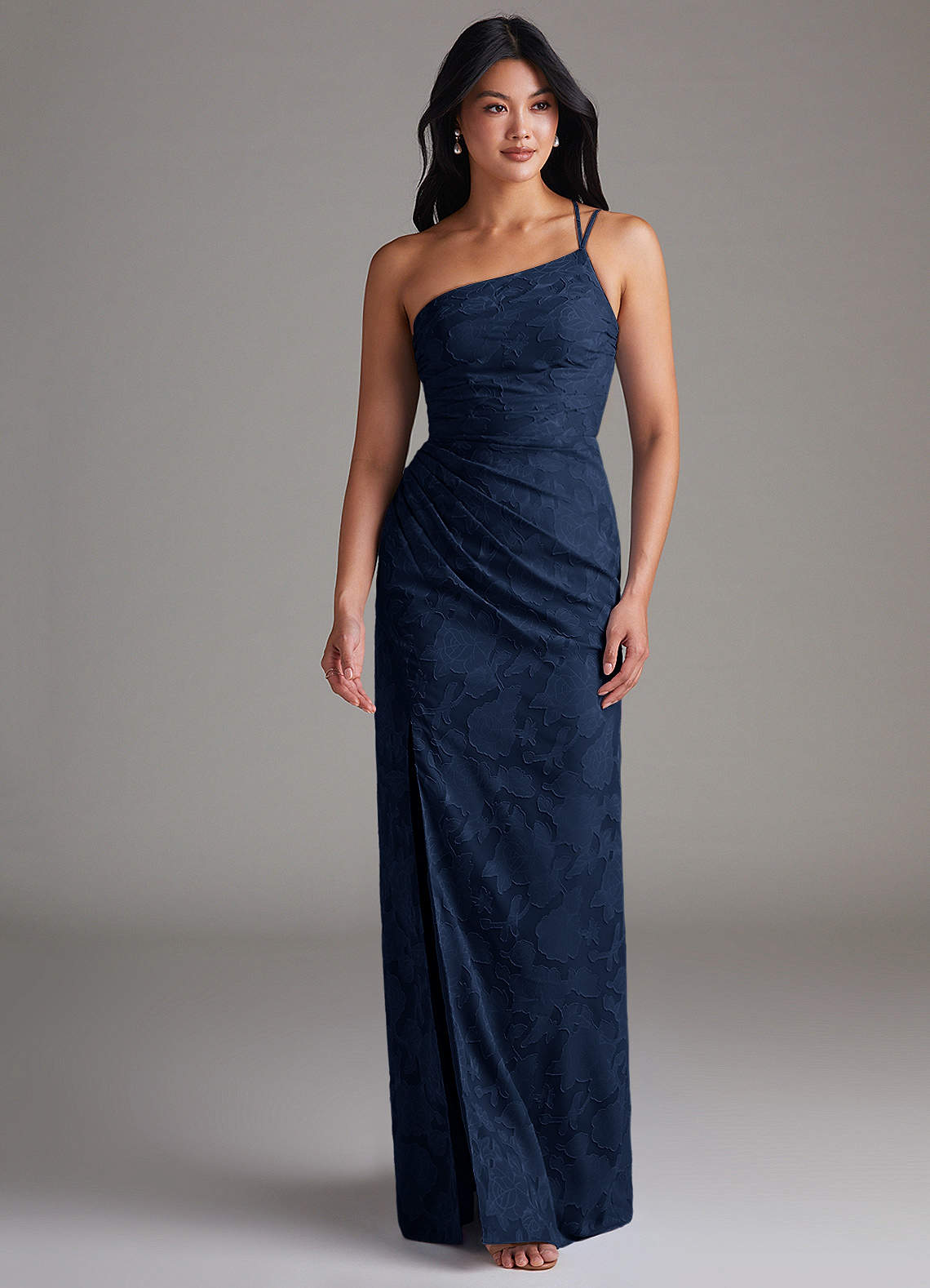 Azazie Eren Jurken voor thuis passen Jurk van Bloemen Burn-out met Kolom One-Shoulder Stoffig Blauw image3