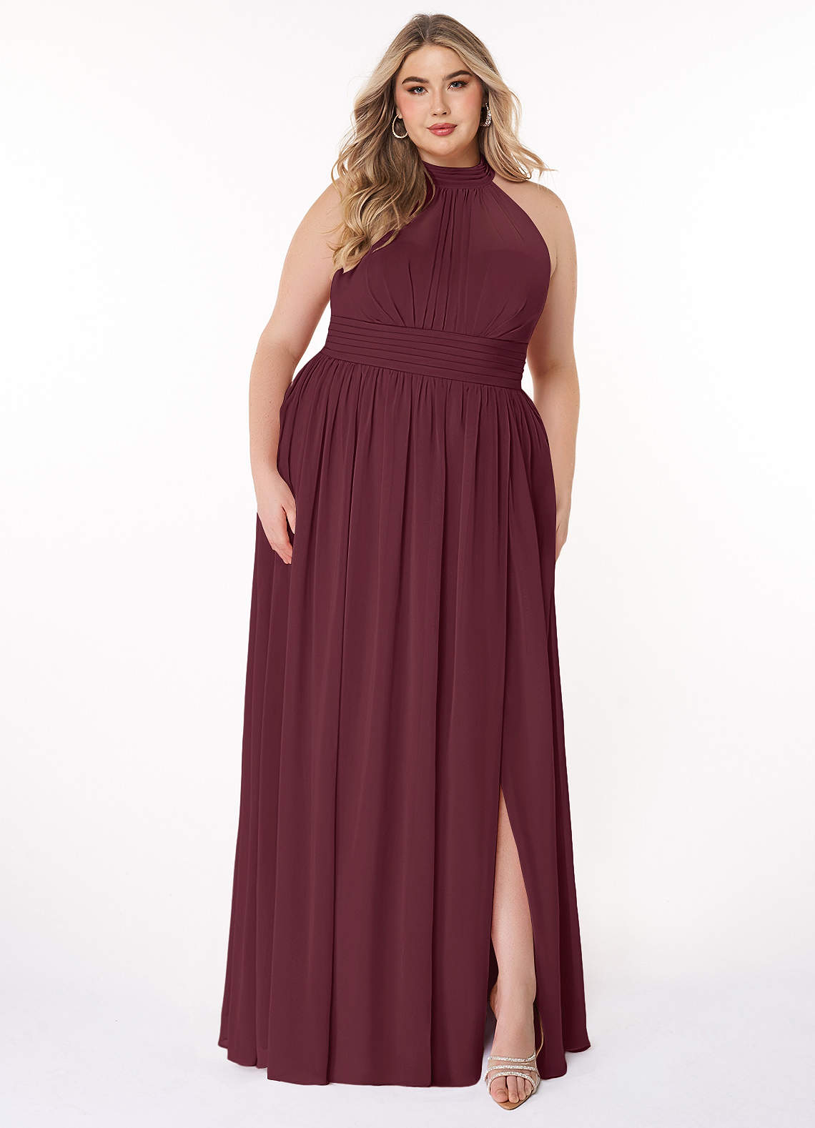 Azazie Iman Brautjungfernkleider Eine Linie A-Linie Gerüscht Chiffon Kleid Cabernetrot image1