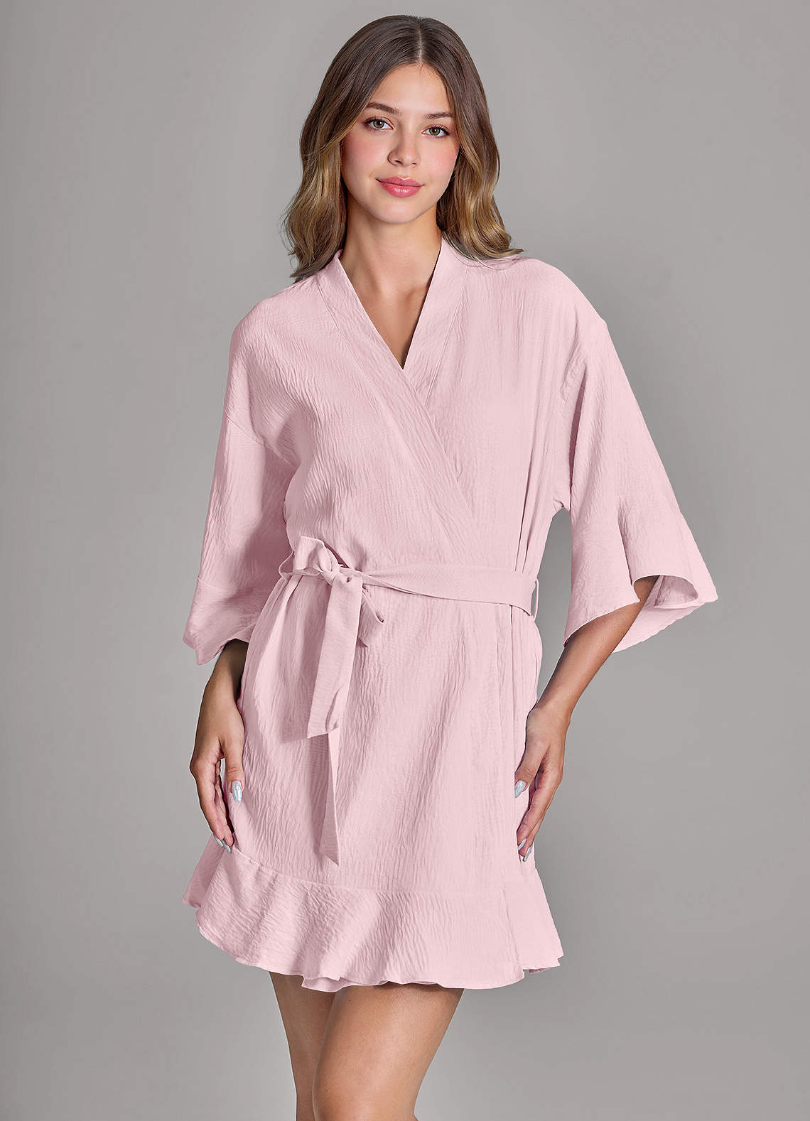 front Matching Color 2-Piece Ruffled Cloud-Soft Robe and Slip Set