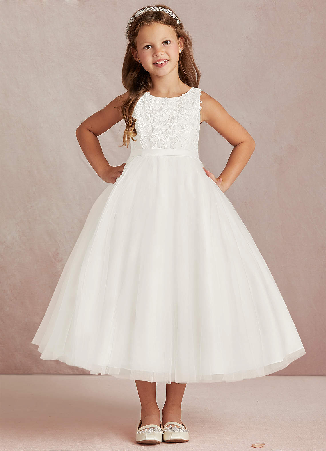 Azazie Ball-Gown Scoop Neck Ankle-Length Tulle Flower Girl Dresses - Ivory