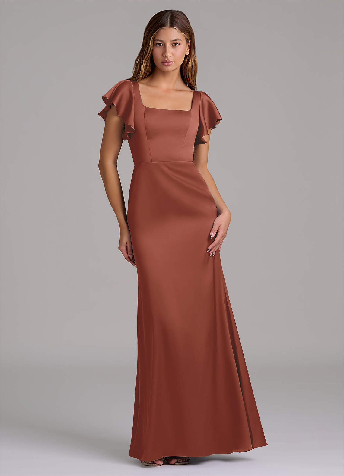 Azazie Elkie Bridesmaid Dresses Auburn Mermaid Square Neckline Stretch Satin Dress image1
