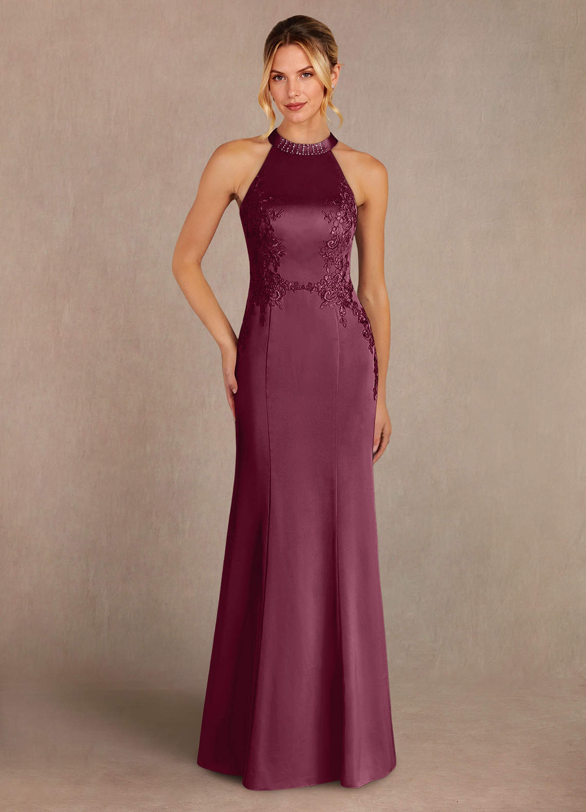Azazie Tyra Mother of the Bride Dresses Mulberry Mermaid Lace Stretch Satin Dress image1