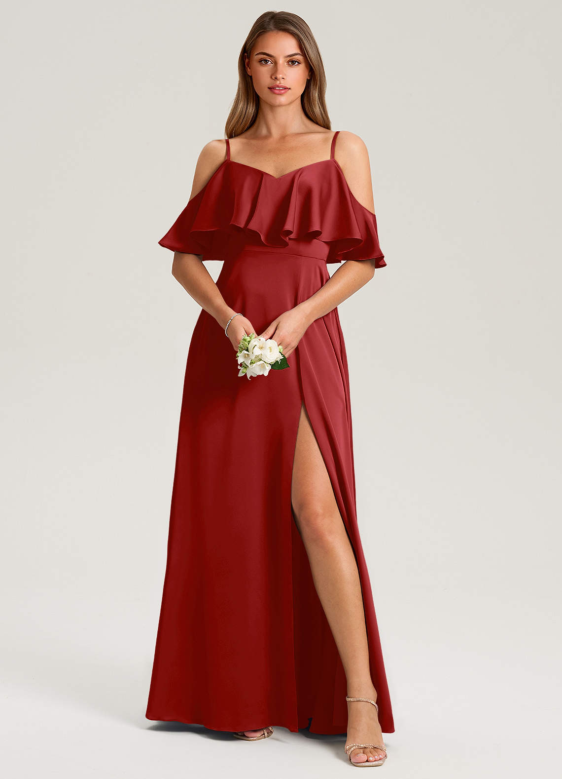 Azazie Jean Bridesmaid Dresses Pomegranate A-Line Off the Shoulder Stretch Satin Dress image1