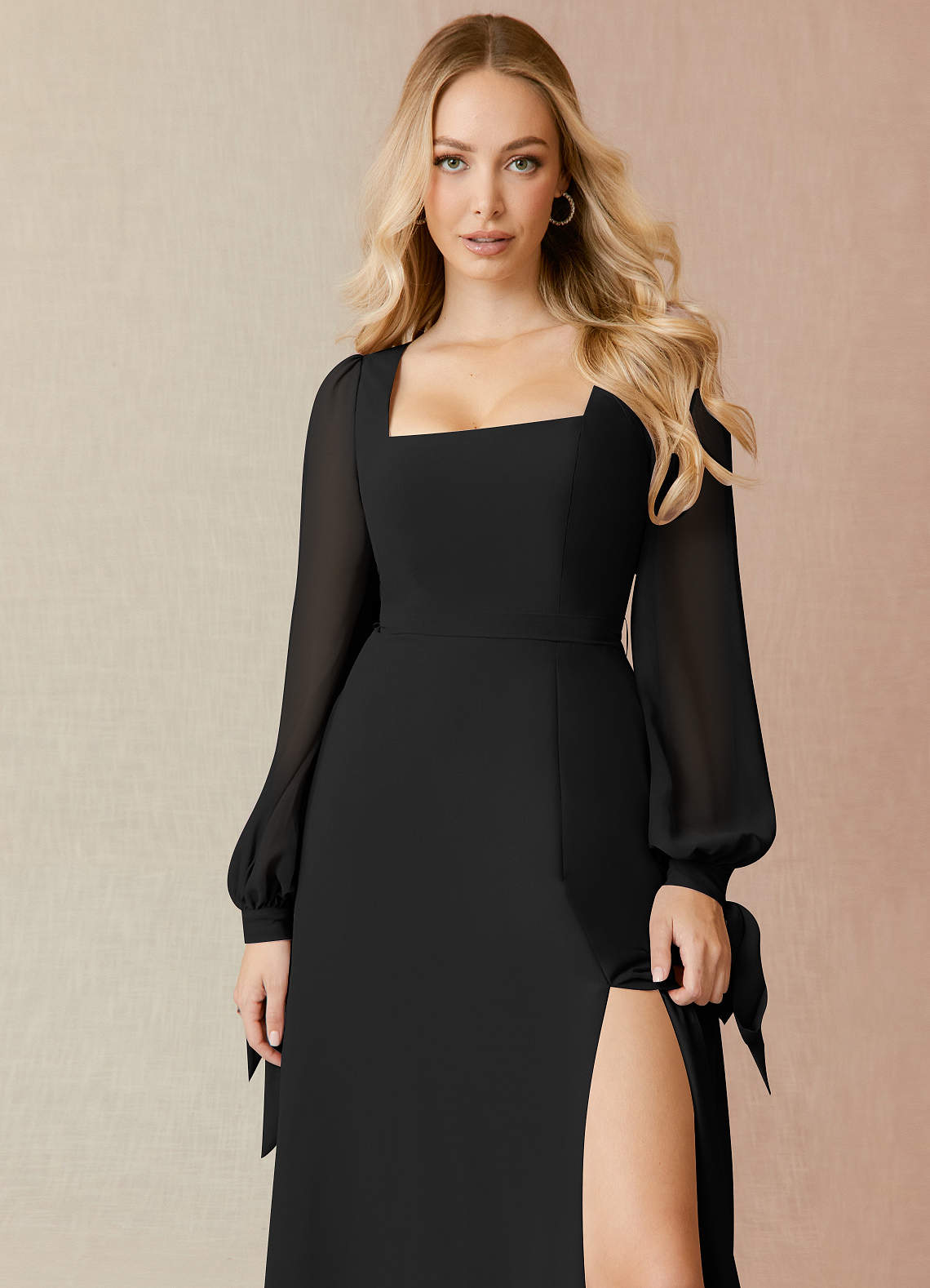 Azazie Leonia Bridesmaid Dresses Black A-Line Long Sleeve Chiffon Dress image4