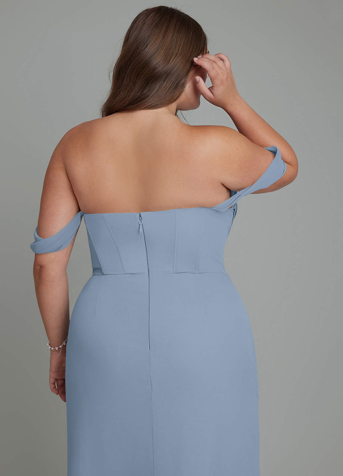 Azazie Johana Bridesmaid Dresses Dusty Blue Mermaid Off the Shoulder Chiffon Convertible Dress image13