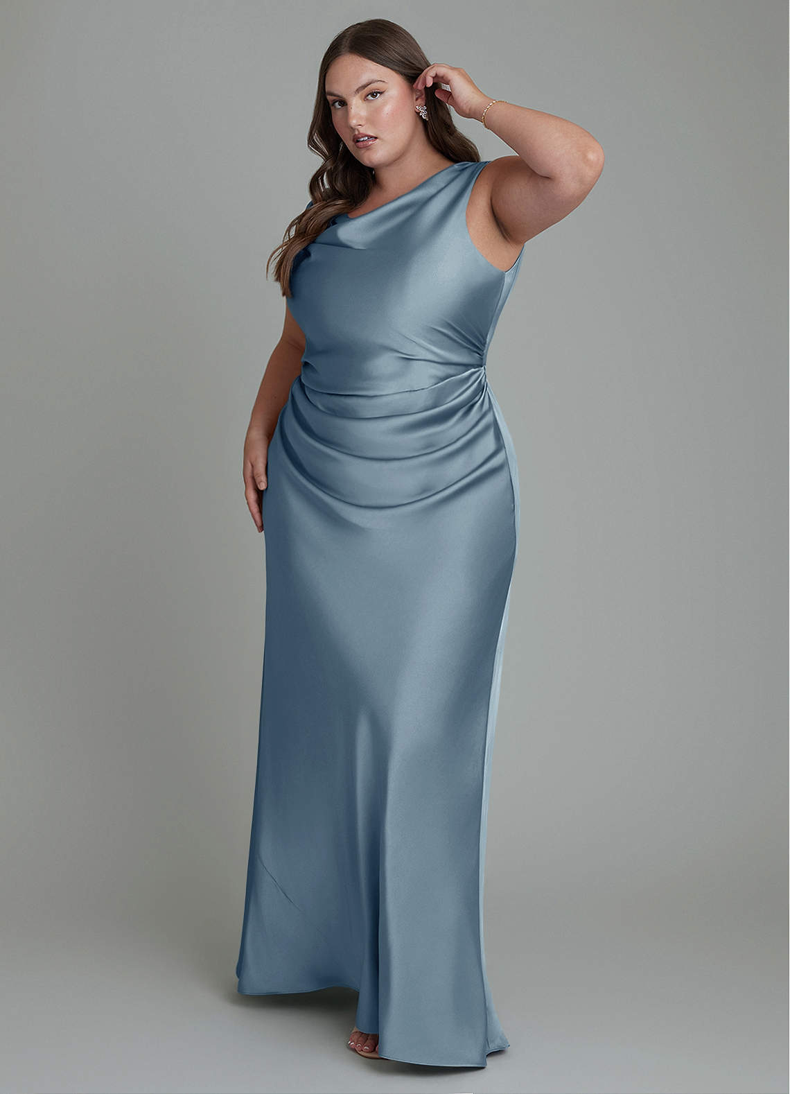 Azazie Kieryn Bridesmaid Dresses Dusty Blue Mermaid Pleated Stretch Satin Dress image8