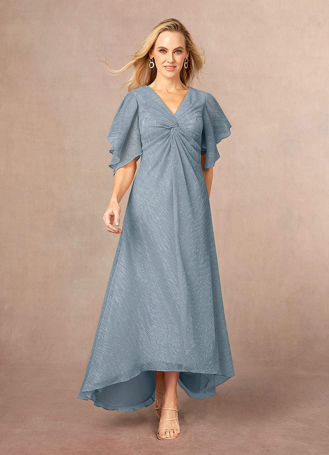 Azazie Mollina Mother of the Bride Dresses Dusty Blue A-Line Ruffle Flutter Sleeve Metallic Mesh Dress image1