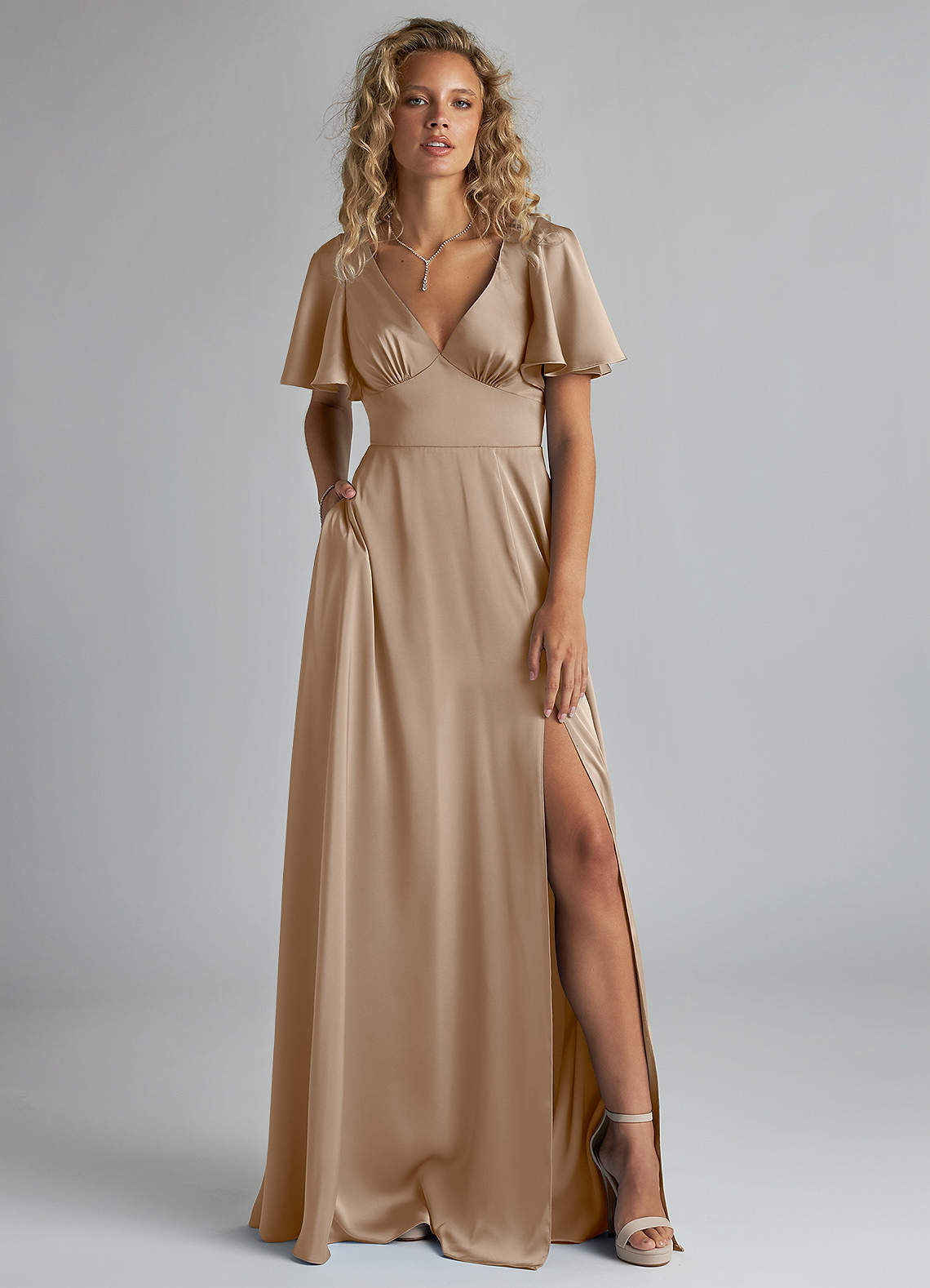 Azazie Kimber Bridesmaid Dresses Taupe A-Line Ruched Stretch Satin Dress image1