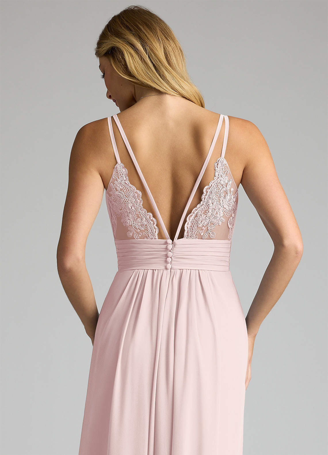 Azazie Maren Allure At-home Try On Dresses Blushing Pink A-Line V-Neck Lace Chiffon Dress image1
