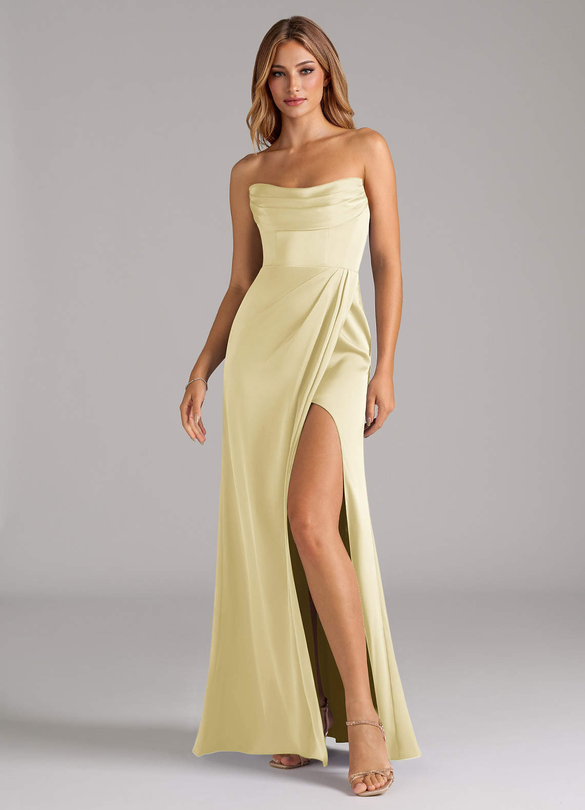 Azazie Johana Brautjungfernkleider Wandelbar Meerjungfrau-Linie Schulterfrei Stretch-Satin Kleid Zitronensorbet image5