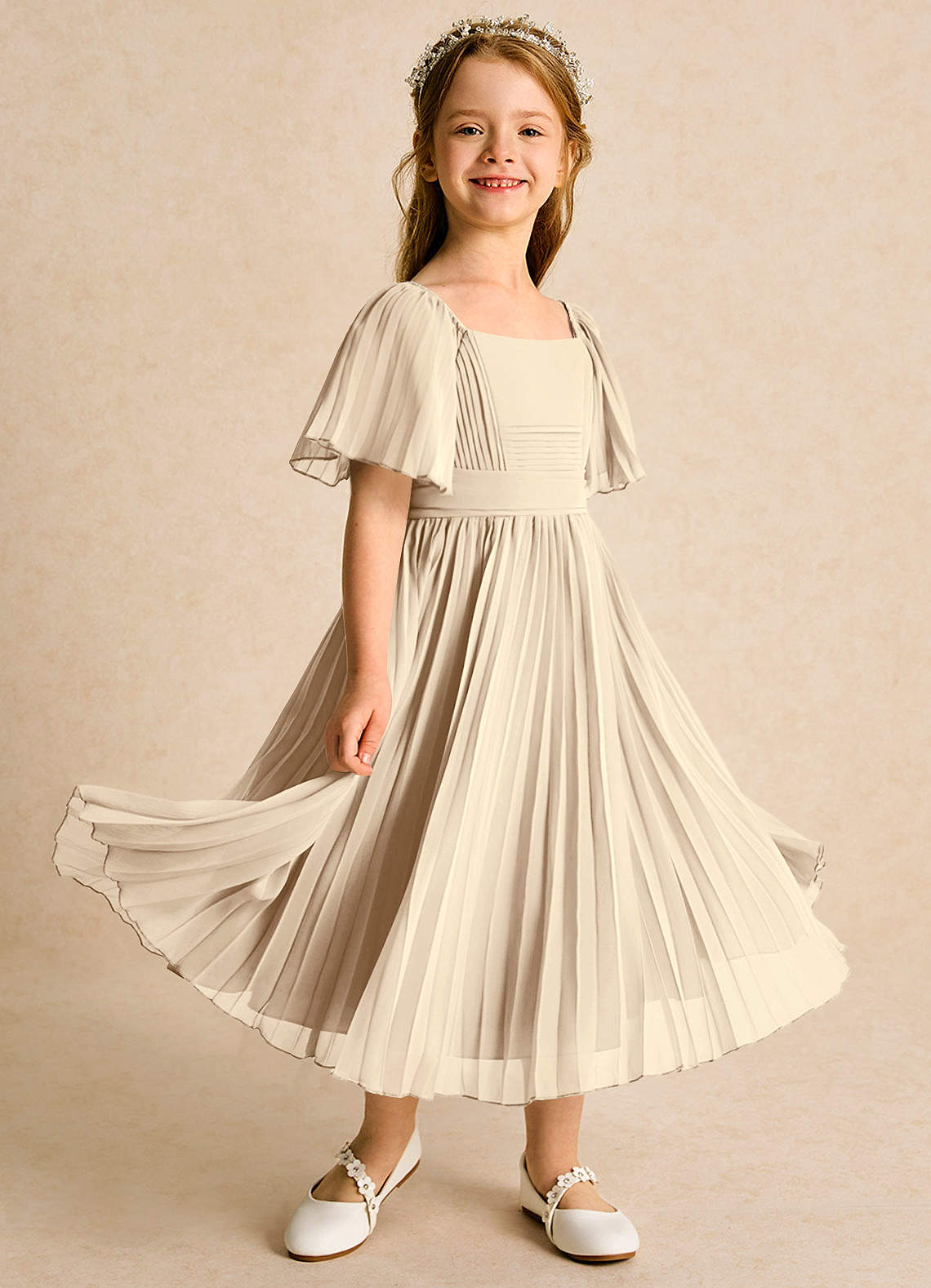 Azazie Gisele Abiti da Ragazza di Fiori Abito A-Line in Chiffon Plissettato Champagne image1