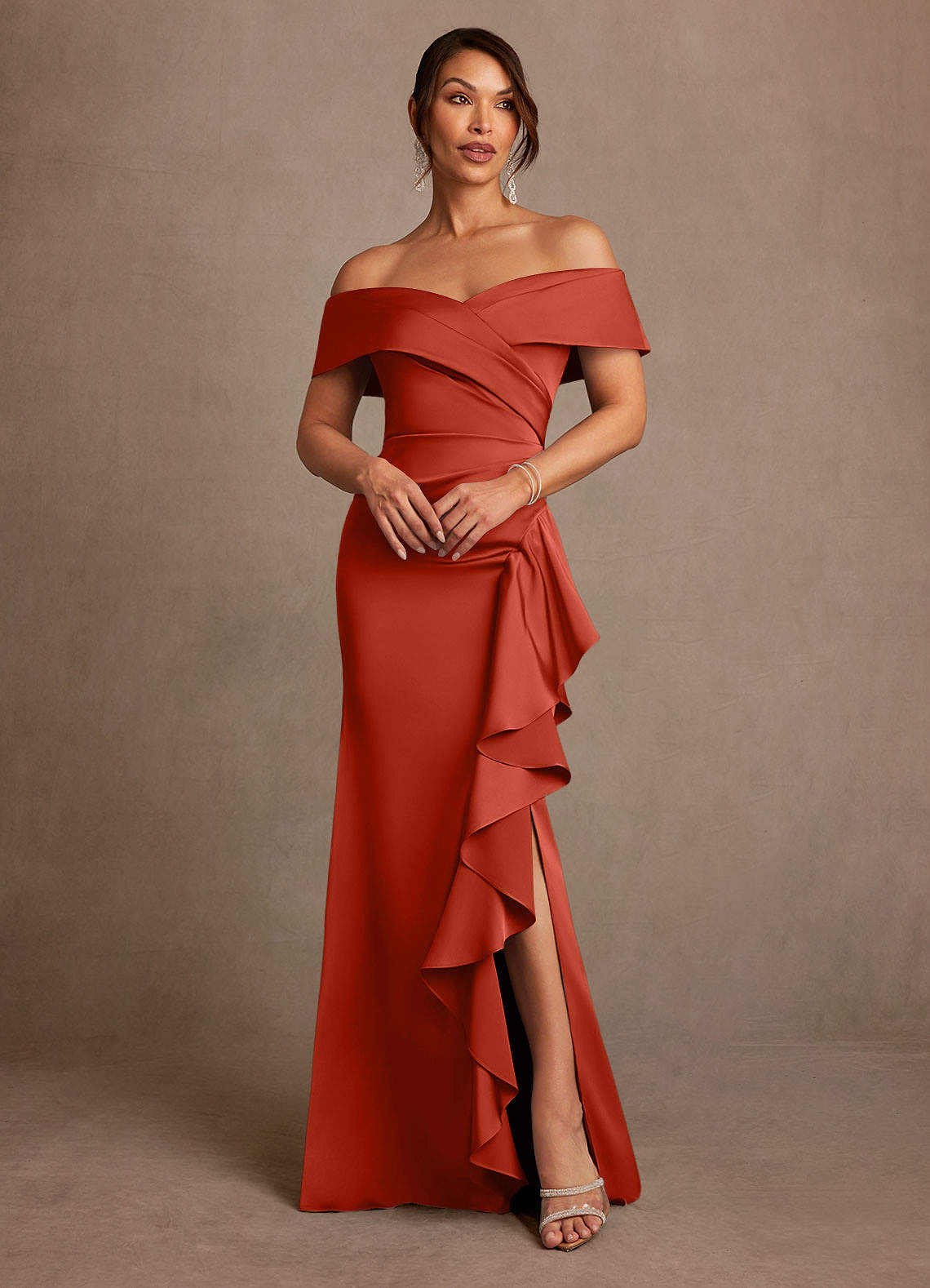 off the shoulder rust dress Azazie Kirsty