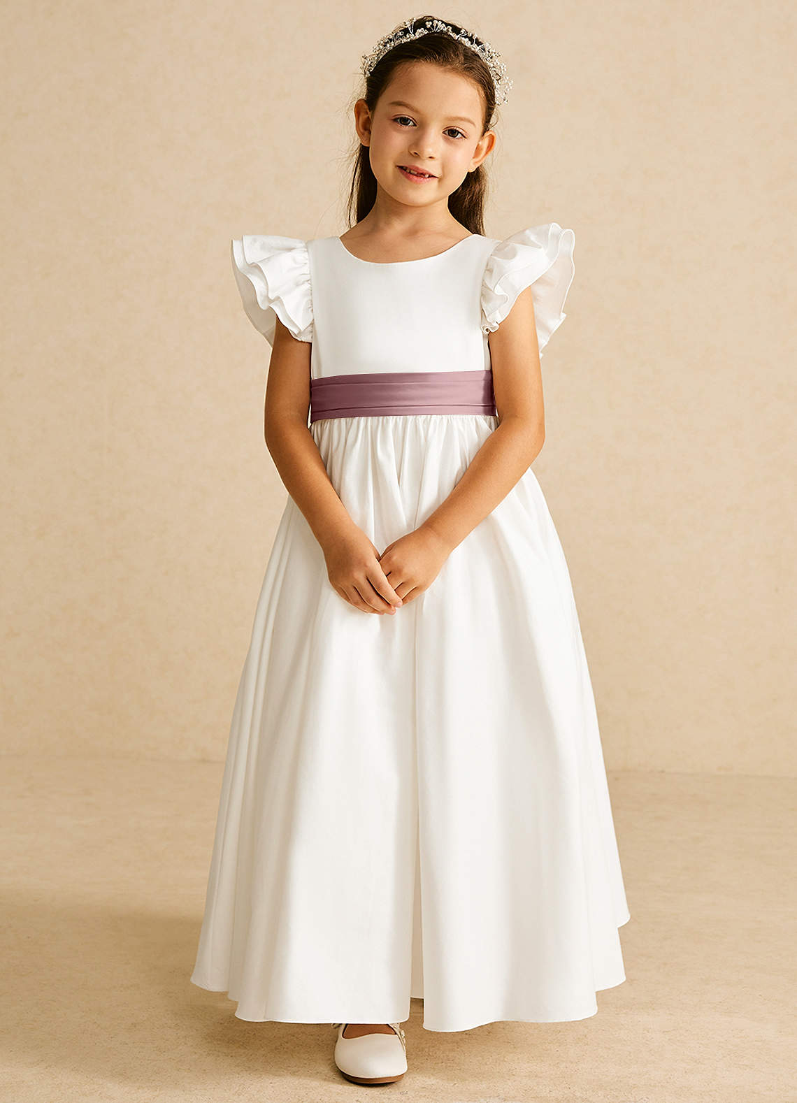Azazie Aero Flower Girl Dresses Ivory Dusty Rose A-Line Pleated Cotton Dress image3