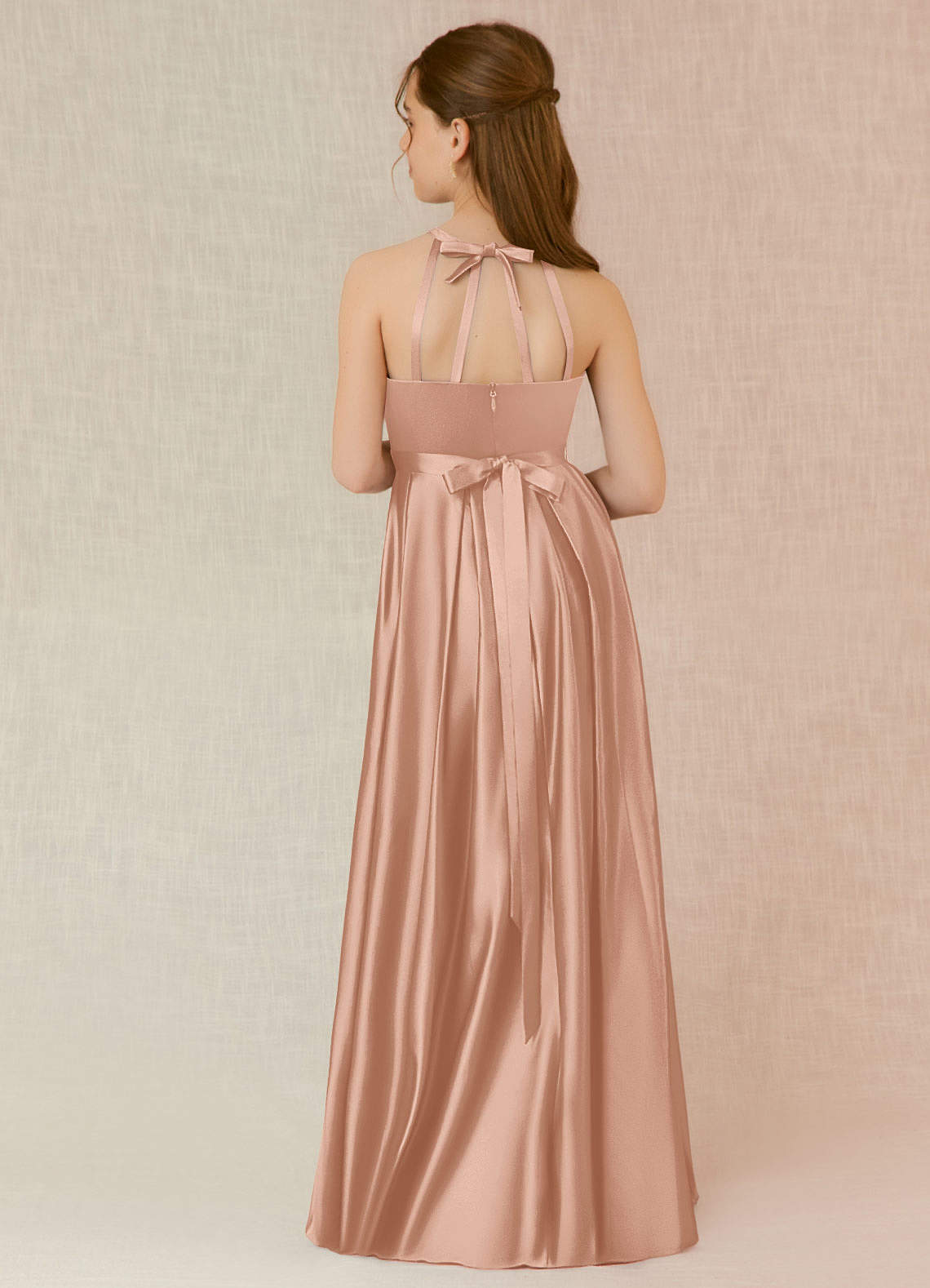 Azazie Arianthe Junior Rose Gold A-Line with Pockets Stretch Satin Dress image1