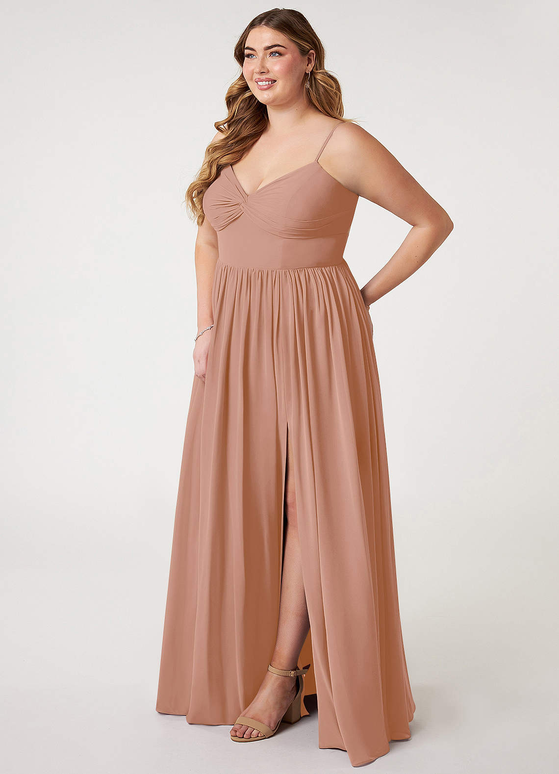 Azazie Zeya Bridesmaid Dresses Champagne Rose A-Line V-Neck Pleated Chiffon Dress image7