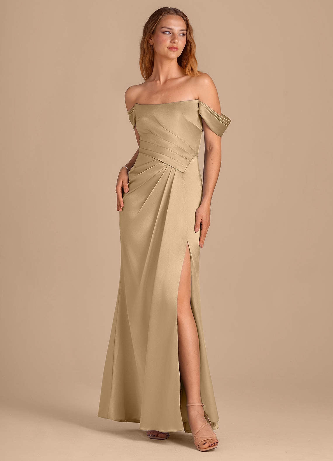 Azazie Shea Bridesmaid Dresses Champagne Mermaid Off the Shoulder Metallic Satin Convertible Dress image1