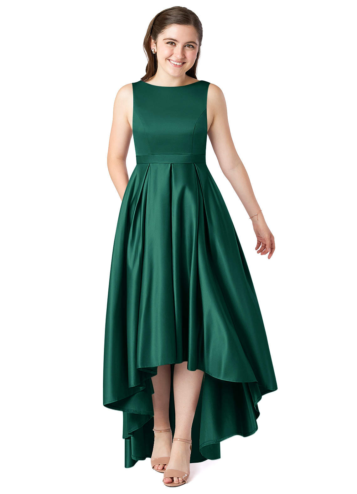Azazie Inaya Junior A-Linie Gürtel/Schärpe Stretch-Satin Kleid Smaragd image1