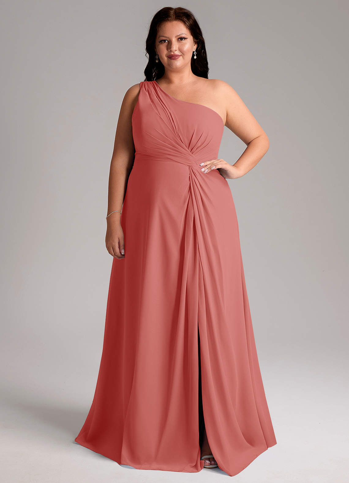 Azazie Brooke Bridesmaid Dresses Antique Rose A-Line One Shoulder Chiffon Dress image1