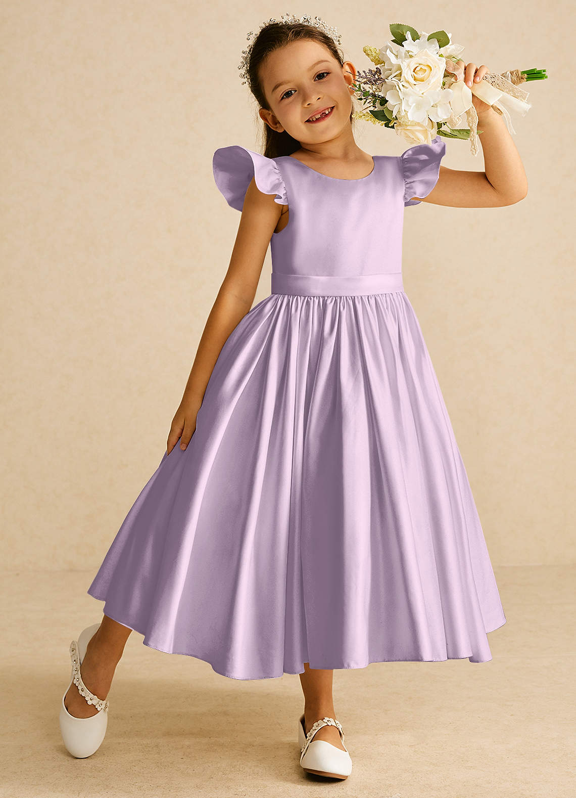 Azazie Violeta vestidos de niña de las flores Vestido de Lila Esmerilada de Satin Mate de Princesa con Lazo image1