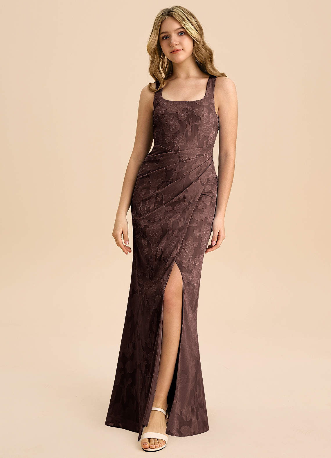 Azazie Mero Junior Ganache Sheath Pleated Floral Burnout Dress image2