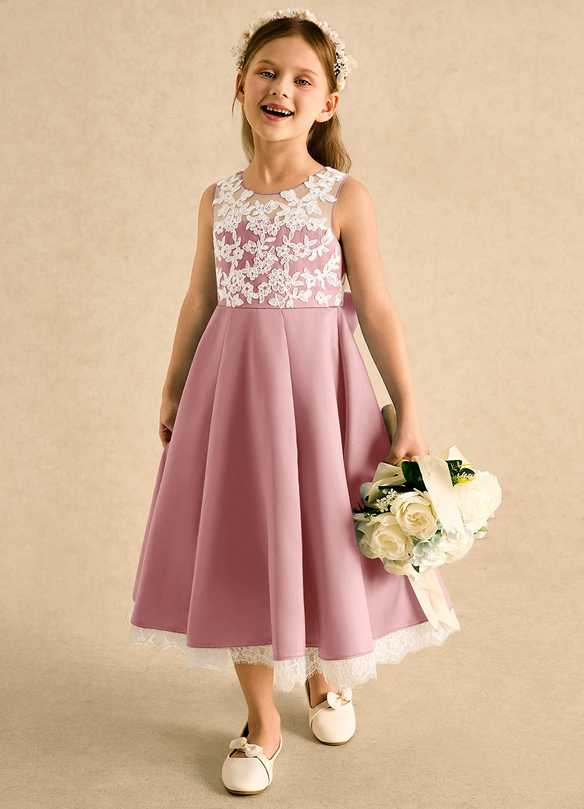 Azazie Amari Dusty Rose A-Line Lace Matte Satin Dress