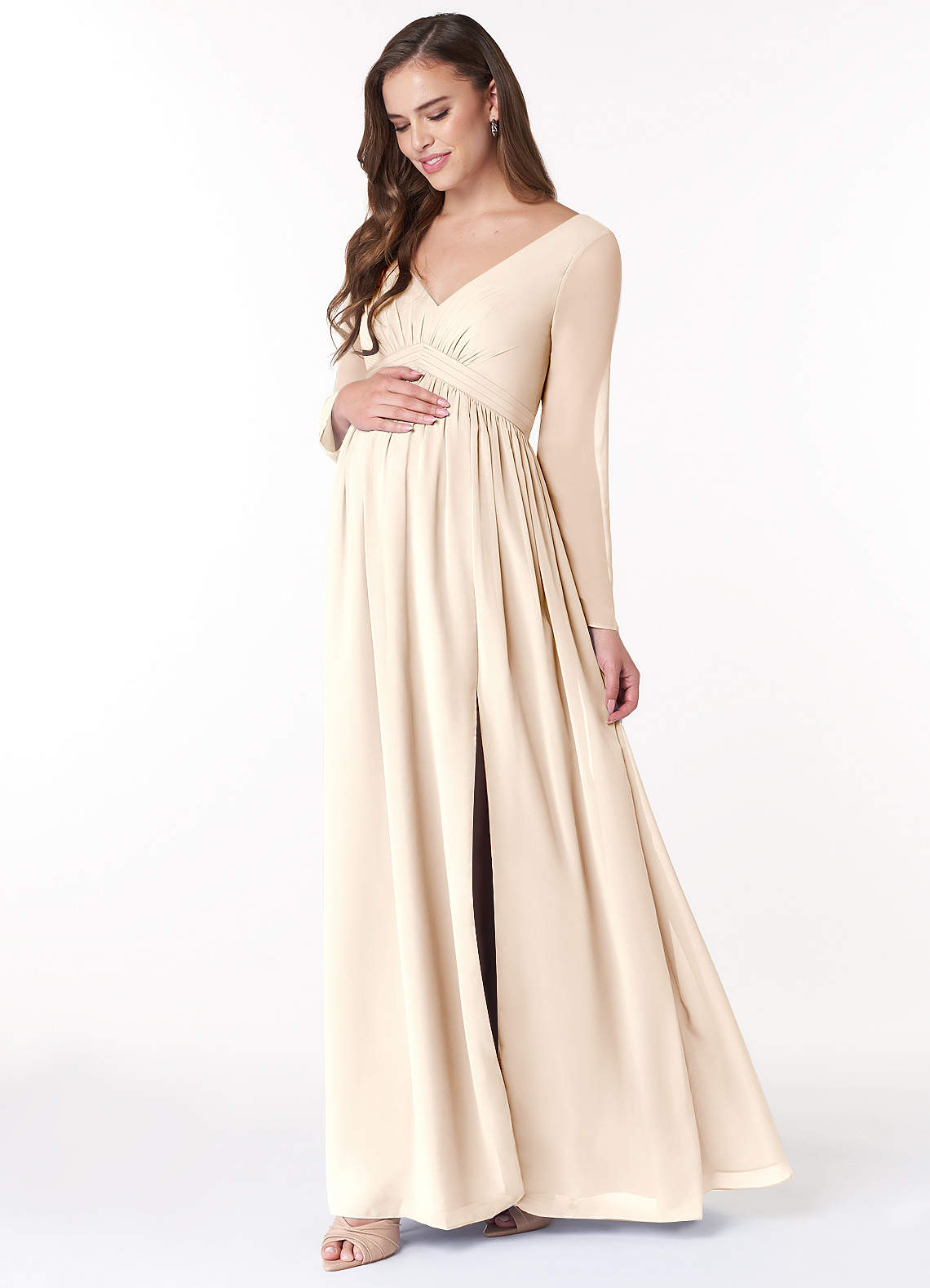 Azazie Teton At-home Try On Dresses A-Line Long Sleeve Chiffon Floor-Length Dress image2
