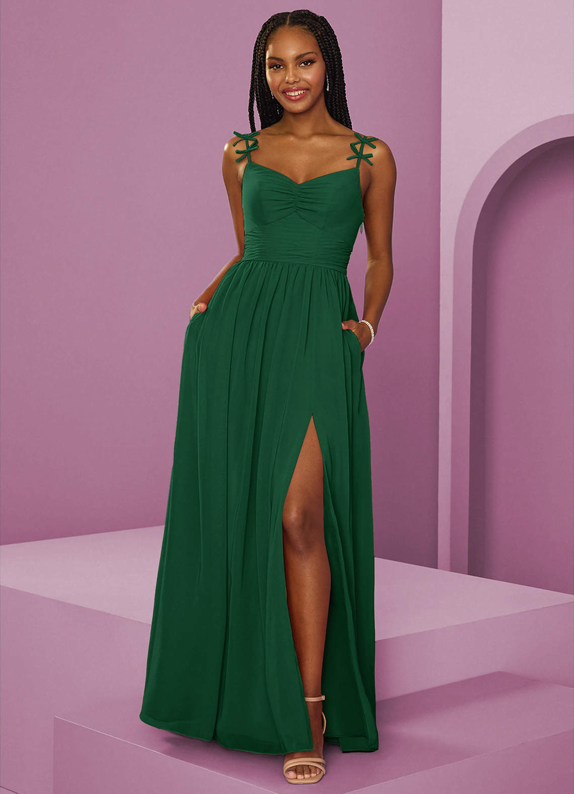 Barbie ♥ Azazie Jurken voor bruidsmeisjes Jurk van Chiffon met A-Lijn Geplooid Donkergroen image1