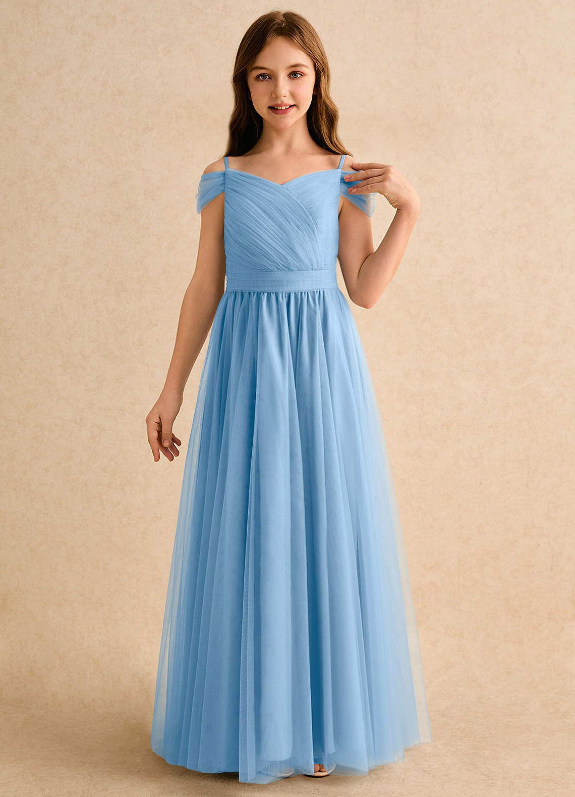 Azazie Yuna Girls Formal Powder Blue A-Line Off the Shoulder Tulle