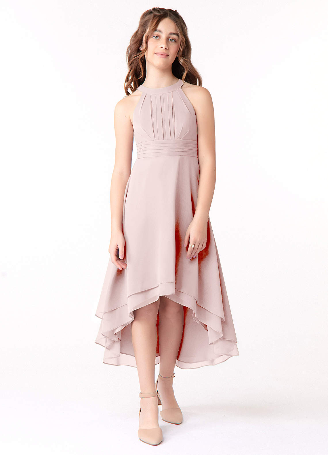 Azazie Linna Junior A라인 쉬폰 비대칭 주니어 신부 들러리 드레스 드레스 image1