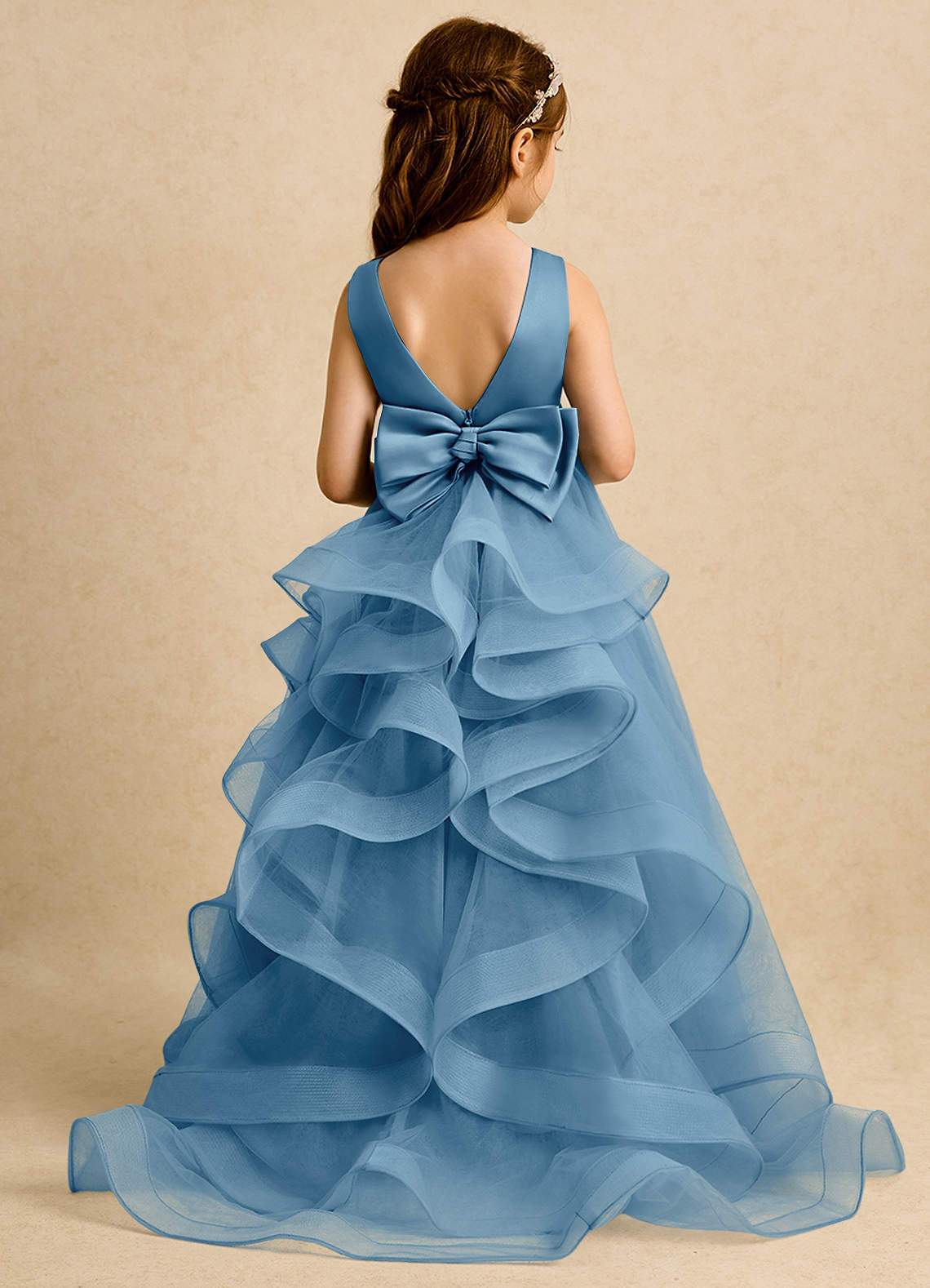 Azazie Lior Robe Demoiselle D'honneur Fillette Robe Princesse en Tulle Plissée Acier Bleuté image1