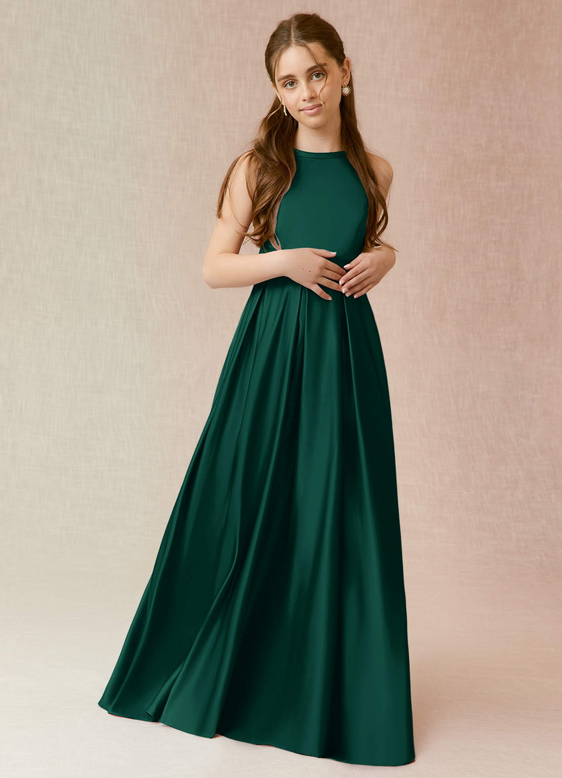 Azazie Arianthe Junior Emerald A-Line with Pockets Stretch Satin Dress image1