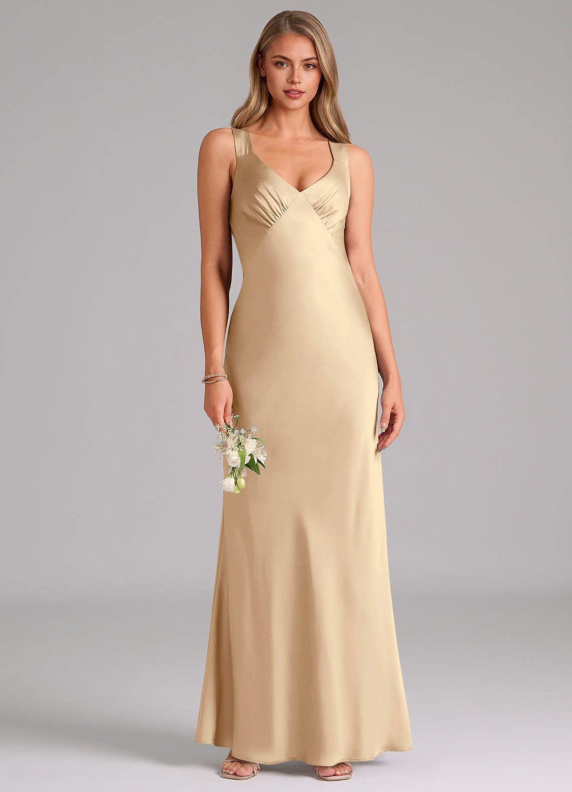 Azazie Kamila Bridesmaid Dresses Champagne A-Line Pleated Stretch Satin Dress image1