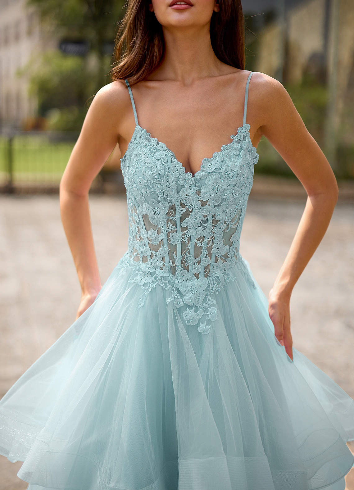 Spitze Blue Sheer Lace Prom Dress Spitze Blue Sheer Lace Prom Dress