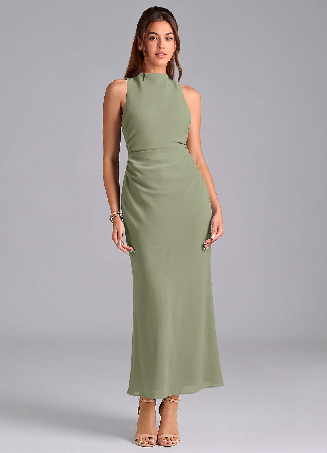 Azazie Evadne Bridesmaid Dresses Pistachio Sheath Pleated Chiffon Dress image2