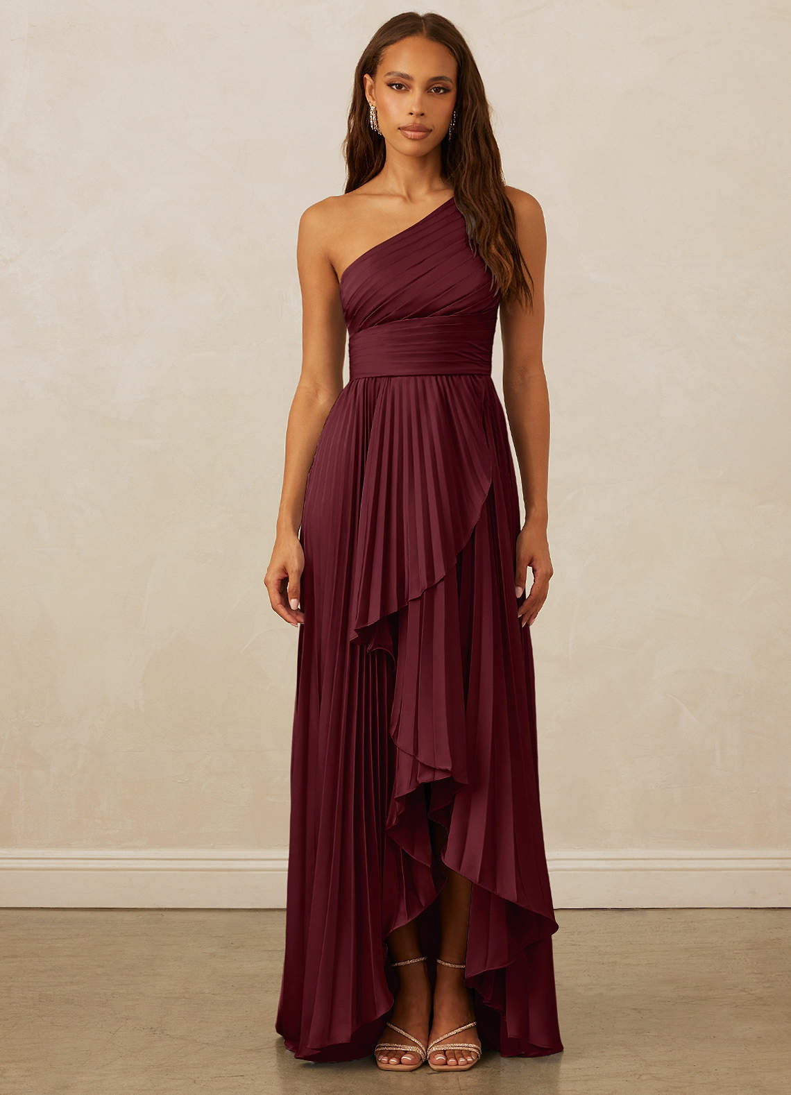 Christian Siriano Bridal for Azazie 1008 Bridesmaid Dresses Cabernet A-Line One Shoulder Stretch Satin Dress image1