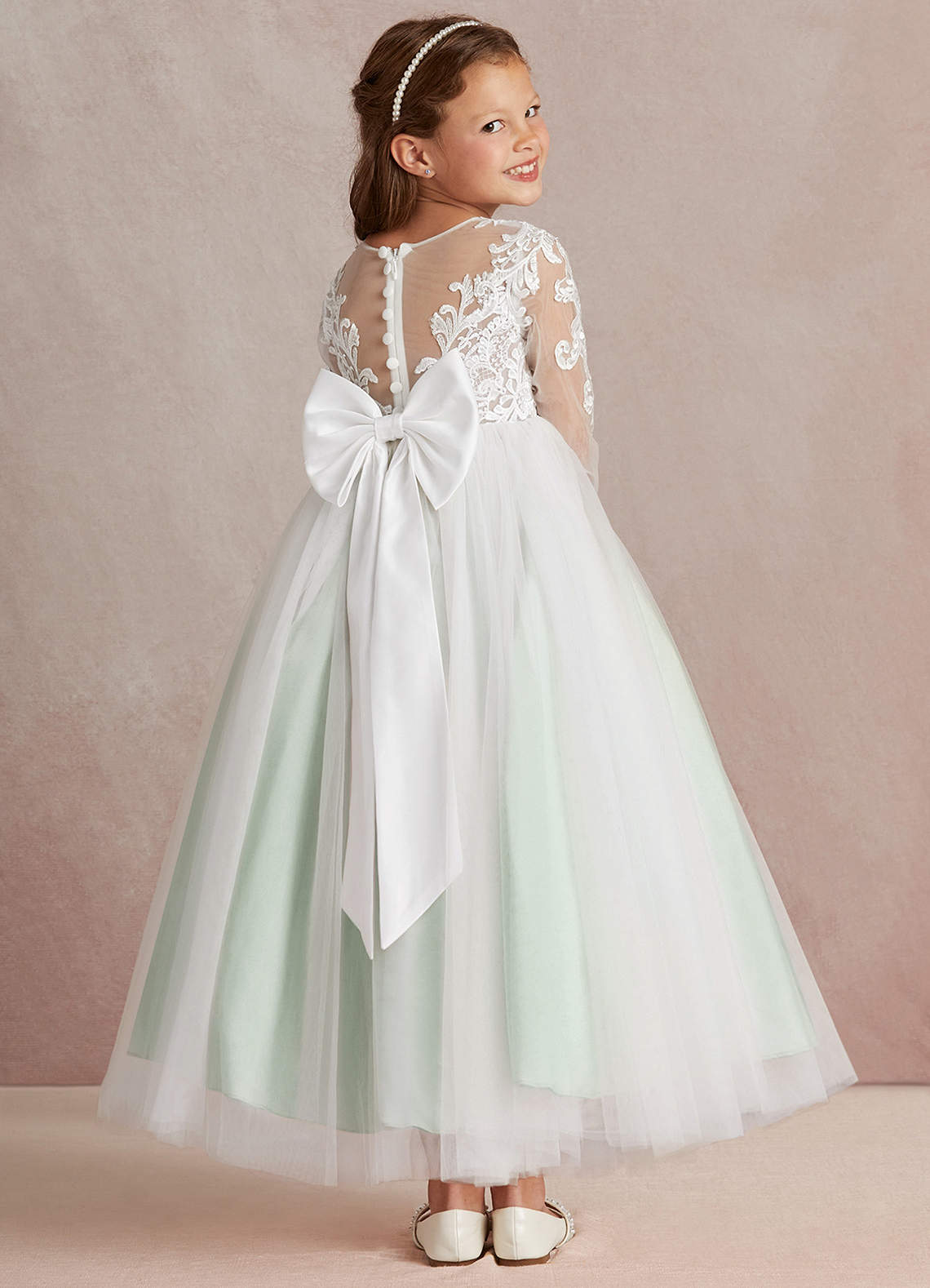 Azazie Elodie Robe Demoiselle D'honneur Fillette Robe Princesse en Dentelle Ivoire Agave image3