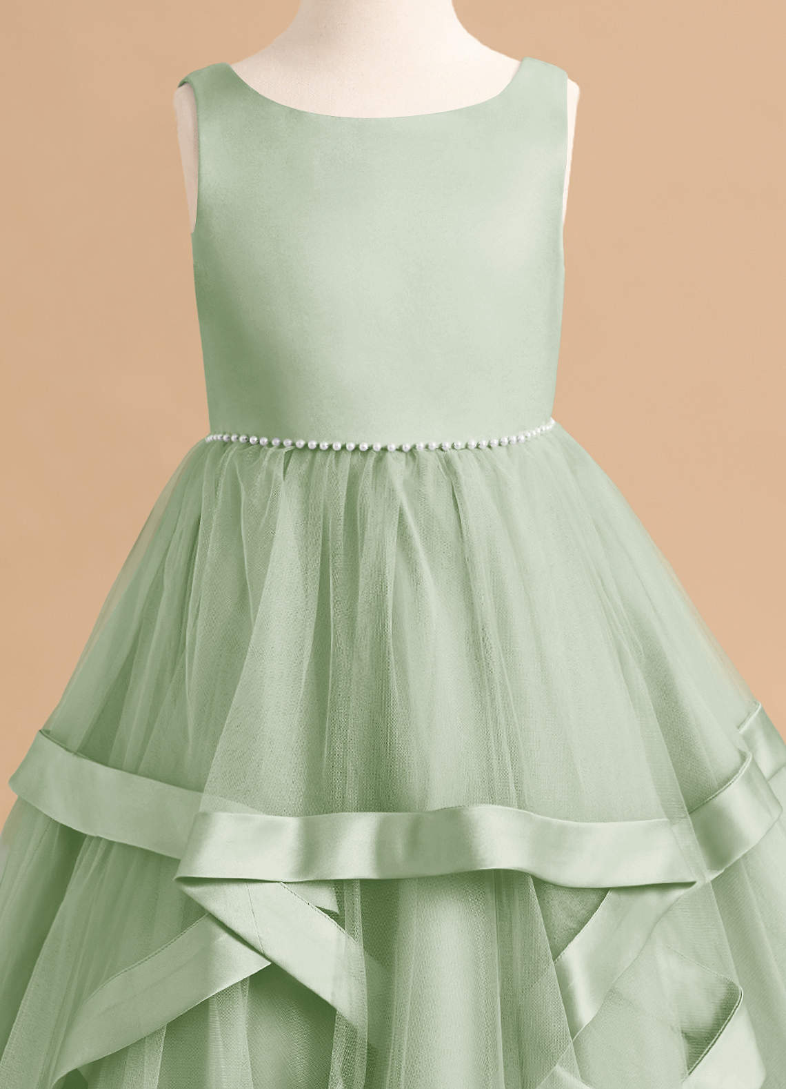 Azazie Posy Flower Girl Dresses Dusty Sage A-Line Beaded Tulle Dress image4
