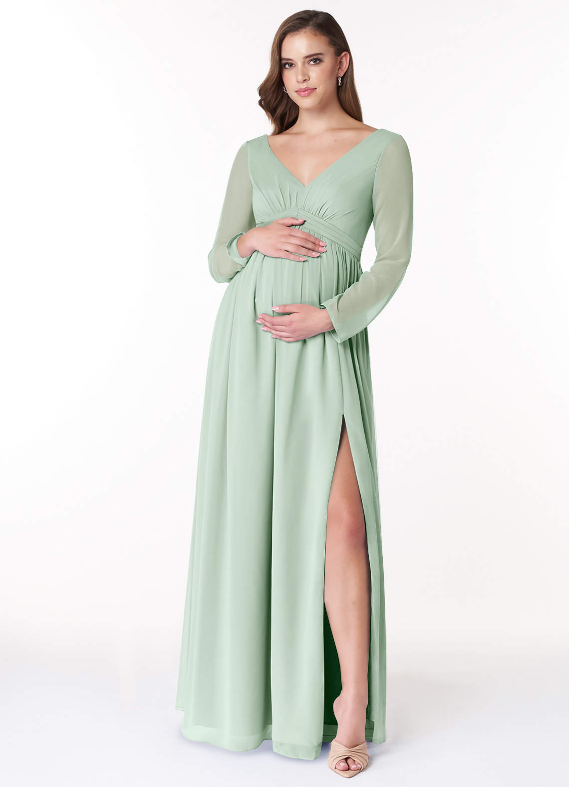 Azazie Teton Maternity Bridesmaid Dresses A-Line Long Sleeve Chiffon Floor-Length Dress image1