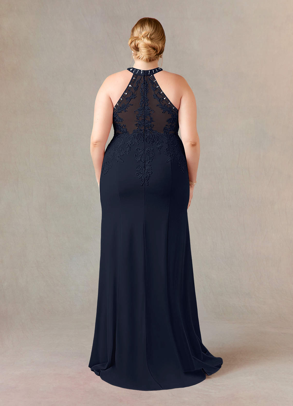 Azazie Tyra Mother of the Bride Dresses Dark Navy Mermaid Halter Lace Stretch Crepe Dress image8